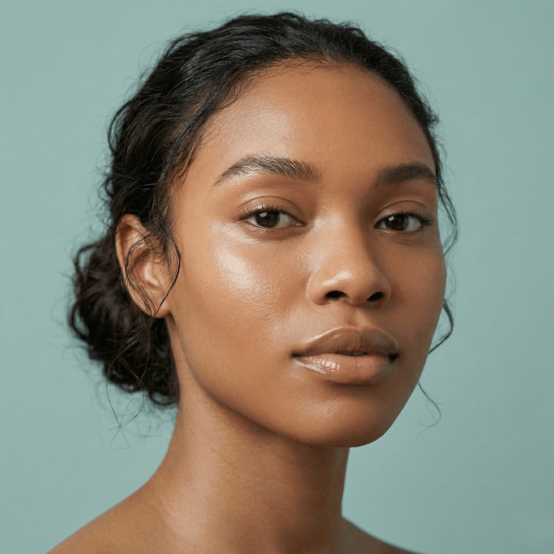 Editorial skincare portrait of a Black woman with rich melanin skin and natural beauty. Calm, confident expression